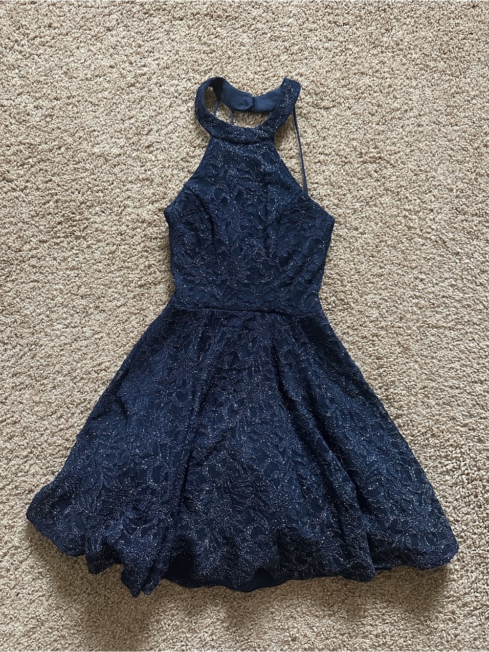 B Darlin Navy Sparkle Lace Halter Dress